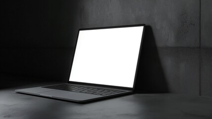  laptop computer mockup propped open, screen illuminated with blank canvas 