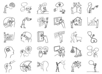collection of line art depicting various artificial intelligence concepts, including AI healthcare, communication, and data analysis
