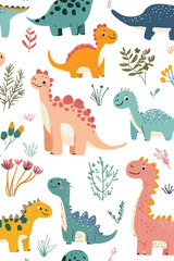 Cute cartoon dinosaur pattern, white background, colorful, simple design, fun and playful style, simple shapes, flat color blocks