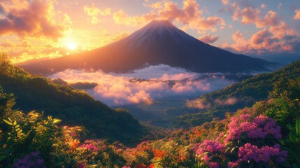 Sunrise Volcano Landscape, Japan, Flowers, Clouds