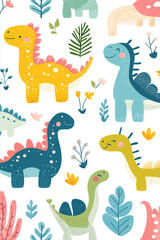 Cute cartoon dinosaur pattern, white background, colorful, simple design, fun and playful style, simple shapes, flat color blocks