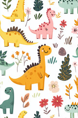 Cute cartoon dinosaur pattern, white background, colorful, simple design, fun and playful style, simple shapes, flat color blocks