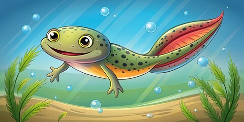 Naklejka premium Cartoon Tadpole, Cute Amphibian, Animated Froglet