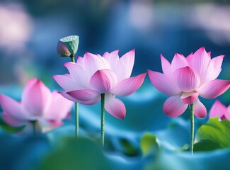Obraz premium Beautiful pink lotus flowers floating on the water surface peacefully
