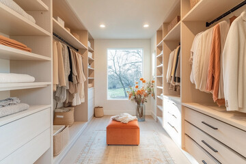 A bright and elegant walk-in closet in a modern home. The space is well-organized with open shelves, neatly arranged clothing, and stylish storage boxes