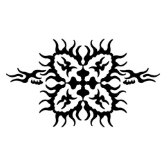 Symmetrical tribal design with fire motif. Bold black stencil with decorative pattern.