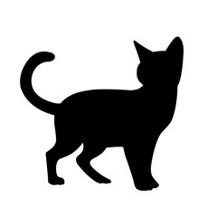 Elegant black silhouette of a cat with an arched tail, perfect for feline-themed projects, animal graphics, pet designs, and decorative illustrations