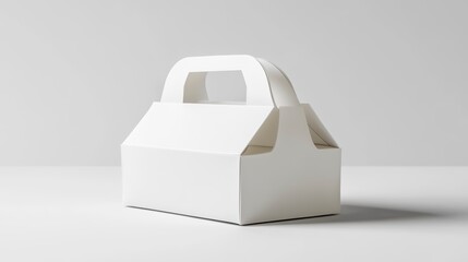 White cardboard takeout box with handle, isolated on white background.