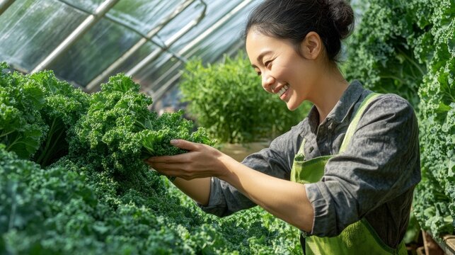 Woman tending to green plants, likely at a market or farm stand.
