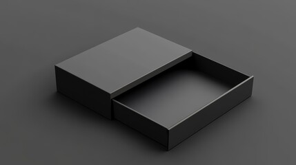 A sleek, black box with a slightly open drawer, set against a dark gray background.