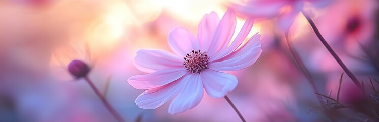 Close-up of a pink flower in soft evening light.