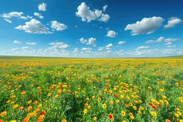 Fototapeta premium A beautiful field of yellow flowers under a blue sky
