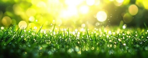 Obraz premium Green grass with water droplets and bright blurry light
