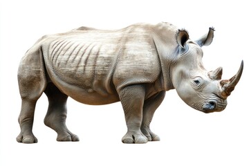 Naklejka premium A rhino stands facing left on a white background, ideal for animal or wildlife presentations