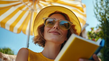 Woman reading book at beach with yellow umbrella.