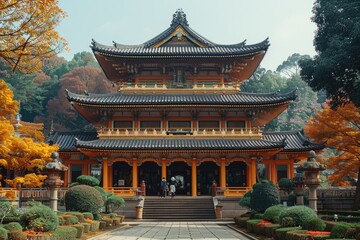 Fototapeta premium A beautiful multicolored temple in the midst of fall foliage