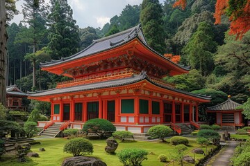 A beautiful orange traditional building with green landscaping and surrounding trees