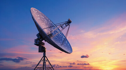 satellite dish array capturing signals against vibrant sunset sky, showcasing technology and nature beauty