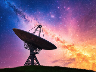 towering radio telescope silhouetted against vibrant cosmic background, scanning universe for signals