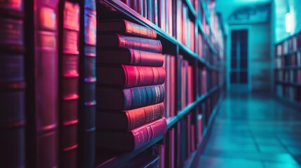 Bookshelf with vintage books, vibrant neon lighting, library interior, for educational or inspirational usage