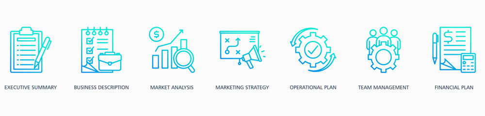Business Plan banner web icon vector illustration concept with icon of executive summary, business description, market analysis, marketing strategy, operational plan,team management and financial plan