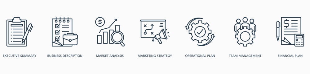 Business Plan banner web icon vector illustration concept with icon of executive summary, business description, market analysis, marketing strategy, operational plan,team management and financial plan