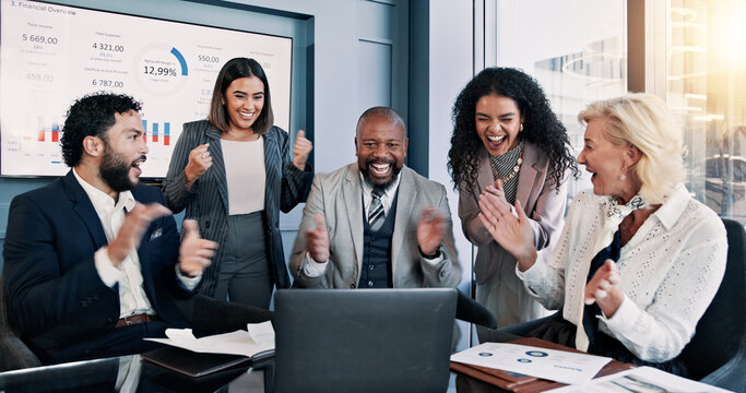 Business people, laptop and celebration meeting with applause for company performance. Group, clapping hands or excited with graph, chart or project statistics for success report or review at office