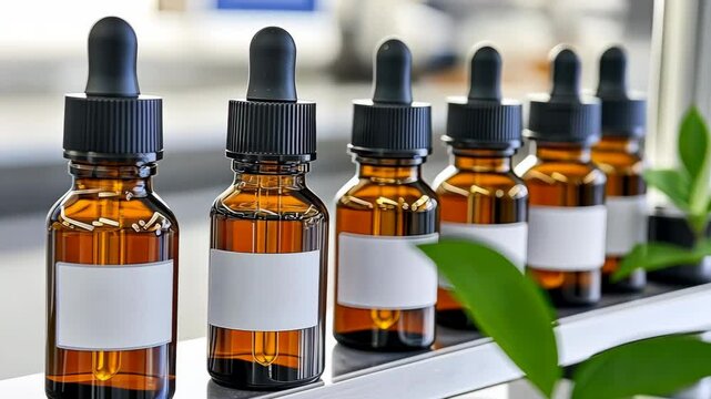 Amber glass dropper bottles with blank labels in lab and on shelf.
