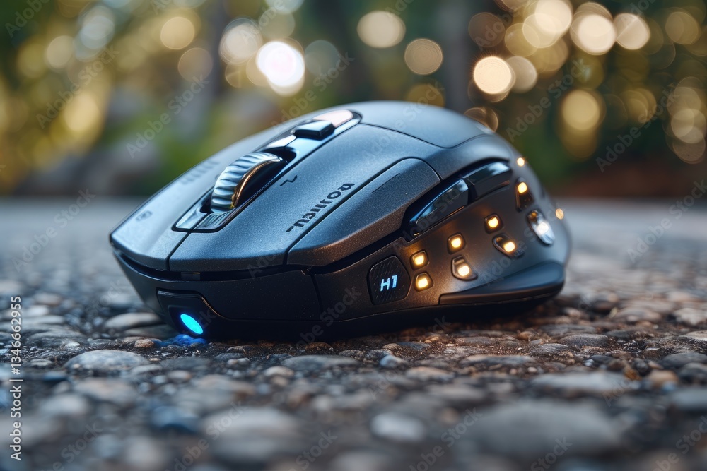 Poster a black computer mouse with many buttons and a scroll wheel