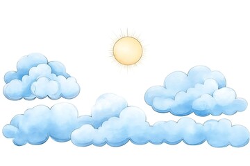 Sunny Watercolor Sky with Fluffy Clouds.