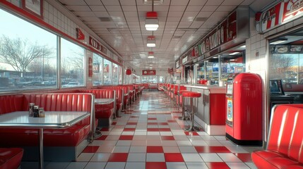 Retro american diner interior with red booths and vintage decor in morning light