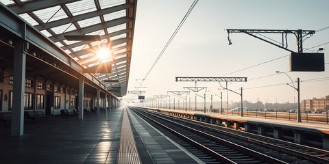 Obraz premium Empty Railway Station Platform Awaits the Next Train