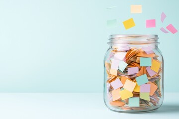 Colorful sticky notes in a glass jar on light blue background