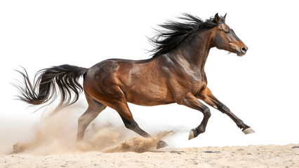 Obraz premium Galloping Horse on Sand: A dynamic shot of a horse galloping on sand against a white background, showcasing its powerful movement and flowing mane.