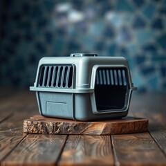 Pet Carrier on Wooden Plank, Bokeh Background, Blue Tile