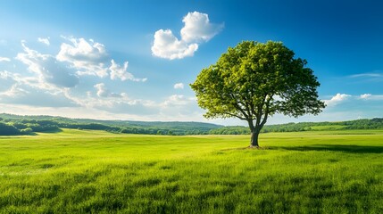 Serene Landscape Single Tree in Lush Green Meadow under a Sunny Blue Sky