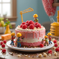 Create a realistic animation where tiny construction workers are actively building and decorating a Raspberry Sherbet cake.

