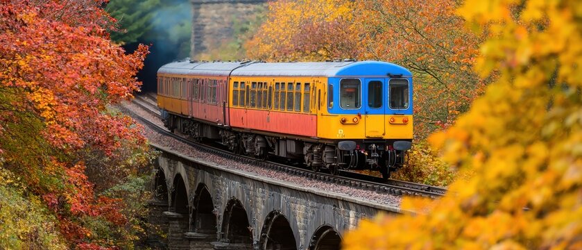 A vibrant train travels through an autumn landscape filled with colorful foliage, crossing an elegant bridge. - Powered by Adobe