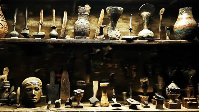 Ancient artifacts displayed on wooden shelves in a dimly lit museum section showcasing historical craftsmanship and culture