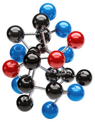 Obraz premium Molecular structure model with black, blue, and red atoms
