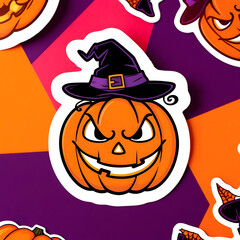 Vibrant Halloween pumpkin sticker design featuring a mischievous expression and a classic witch hat in an illustrative style