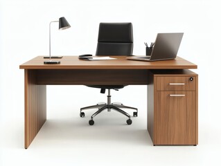 Modern Wooden Office Desk with Black Leather Chair and Laptop on White Background