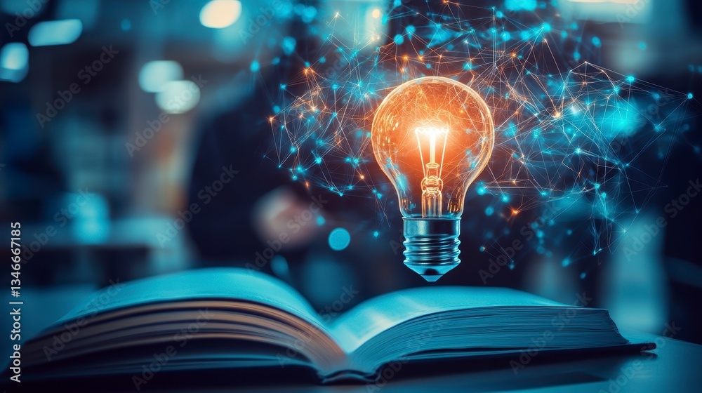 Aufkleber Glowing lightbulb above open book, representing knowledge and innovation.