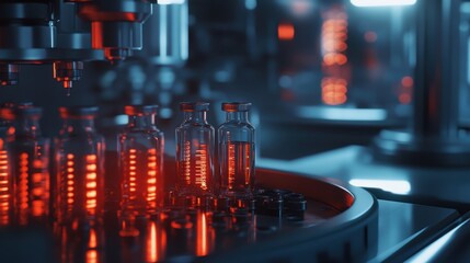 (Multiple values)Medical vials on production line at pharmaceutical factory, Pharmaceutical machine working pharmaceutical glass bottles production line, health care, pandemic.