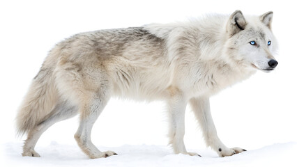 Obraz premium Arctic Wolf in Snow: A full-body shot of an Arctic wolf standing in snow against a white background, highlighting its thick white fur and blue eyes.