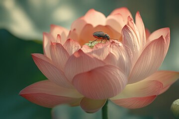 A small insect perches atop a beautiful blooming lotus flower