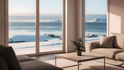Cozy living room with stunning Iceland view overlooking a snowy morning landscape
