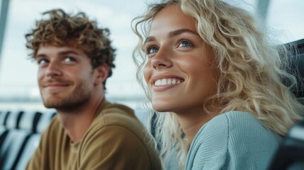 Two people, possibly a couple, sitting side by side looking at something off-camera with smiles on their faces, surrounded by a modern indoor setting, likely at an airport or train station.