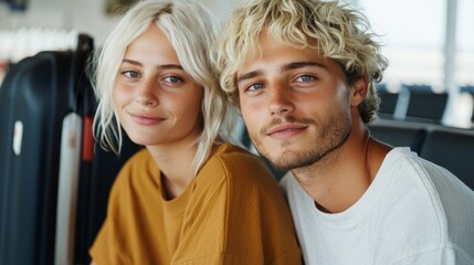 "Two individuals, a male and female, appear in this photograph; they are seated, looking directly at the camera, with the background showcasing luggage, suggesting travel or transportation context."