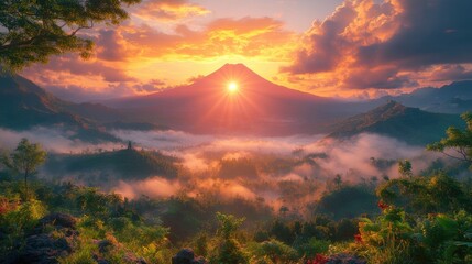 Volcanic sunrise, misty mountains, Bali landscape, travel postcard